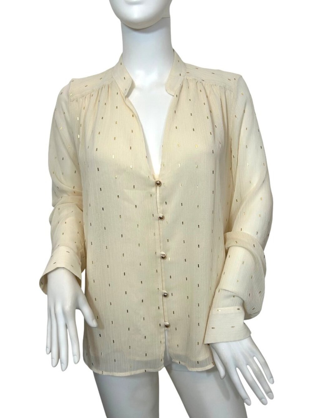 Zara Ecru Cream Blouse S Gold Metallic Dashes Band Neck Gold Buttons Sheer Flowy